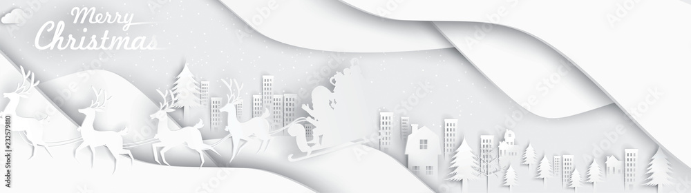 Merry Christmas and Happy New Year. Illustration of Santa Claus on the sky with reindeer sleigh and bag of gift, paper art and digital craft style Merry Christmas and Happy New Year. Illustration of Santa Claus on the sky with reindeer sleigh and bag of gift, paper art and digital craft style