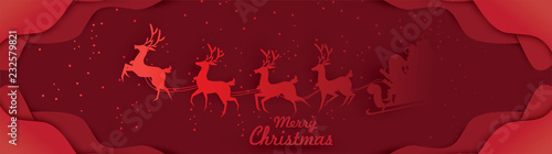 Merry Christmas and Happy New Year. Illustration of Santa Claus on the sky with reindeer sleigh and bag of gift, paper art and digital craft style