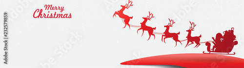 Merry Christmas and Happy New Year. Illustration of Santa Claus on the sky with reindeer sleigh and bag of gift, paper art and digital craft style