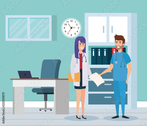 female doctor and practitioner in consulting room