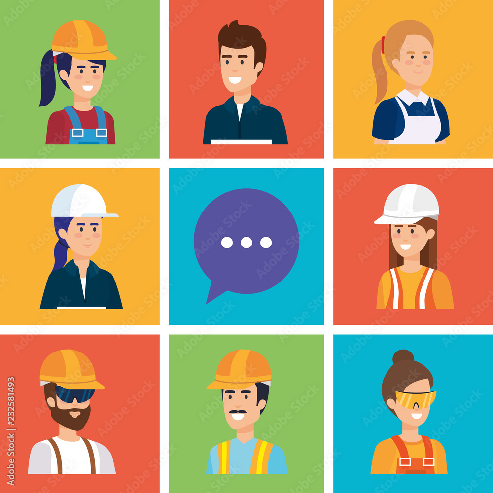 group of workers and speech bubble group of workers and speech bubble