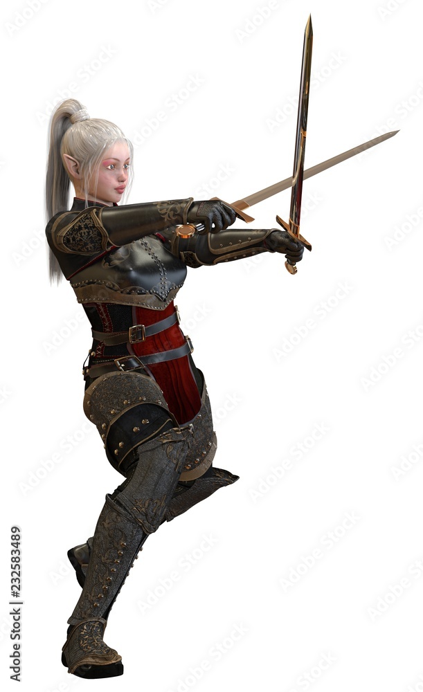 Woman elf warrior with swords isolated on white background 3D illustration Woman elf warrior with swords isolated on white background 3D illustration