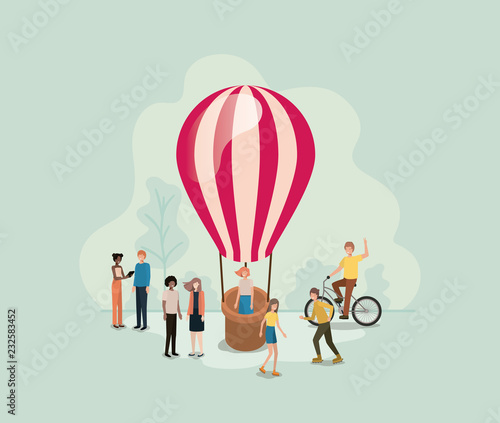 group of people with balloon air hot flying