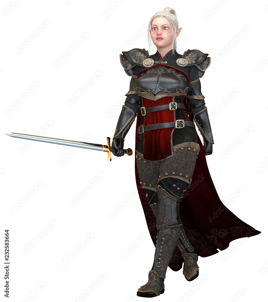 Woman elf warrior with sword isolated on white background 3D illustration Woman elf warrior with sword isolated on white background 3D illustration