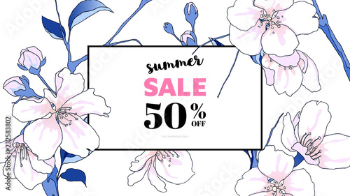 Botanical summer sale banner template design, hand drawn sakura flowers, blue and pink tones