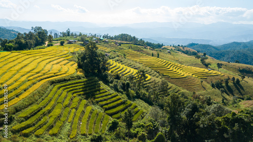 The most beautiful rice terraces at little hamlet of rolling rice terraces name Ban Pa Pong Piang and nestled in the mountains of Doi Inthanon national park in Chiangmai, Thailand (from hight view)