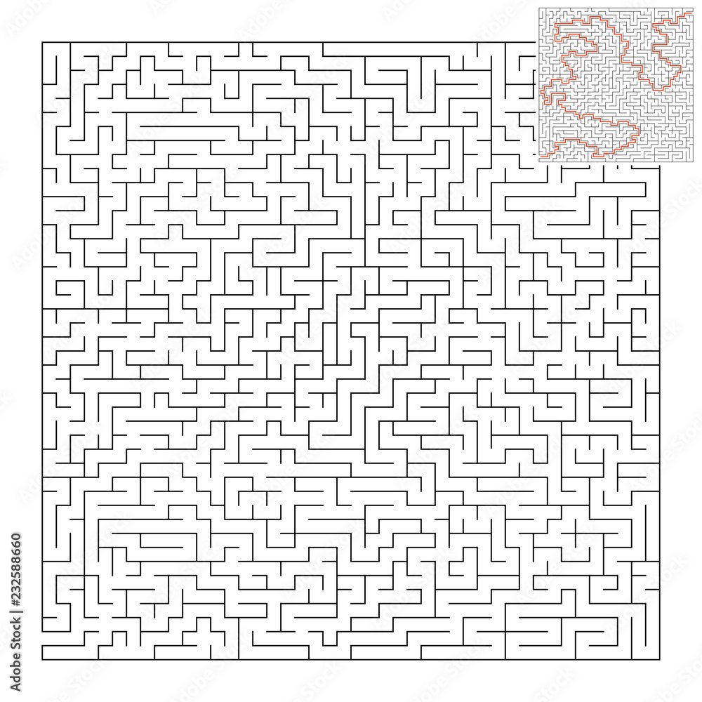 Difficult square maze. Game for kids. Puzzle for children and adult. One entrance, one exit. Labyrinth conundrum. Flat vector illustration isolated on white background. With answer. Difficult square maze. Game for kids. Puzzle for children and adult. One entrance, one exit. Labyrinth conundrum. Flat vector illustration isolated on white background. With answer.