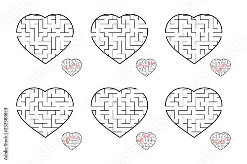 A set of labyrinths of hearts. Game for kids. Puzzle for children. Labyrinth conundrum. Flat vector illustration isolated on white background.
