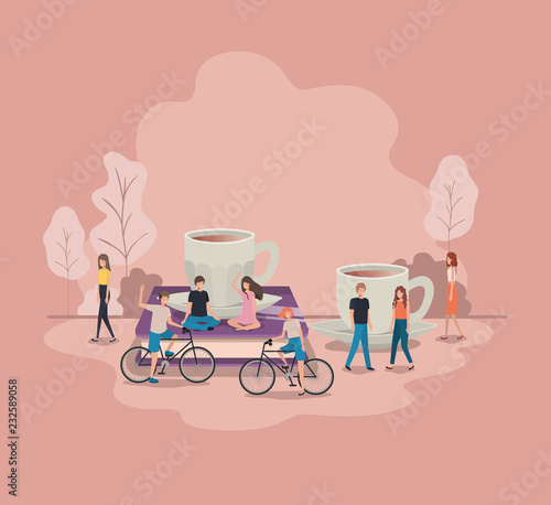 cup of coffee with light bulb and mini people