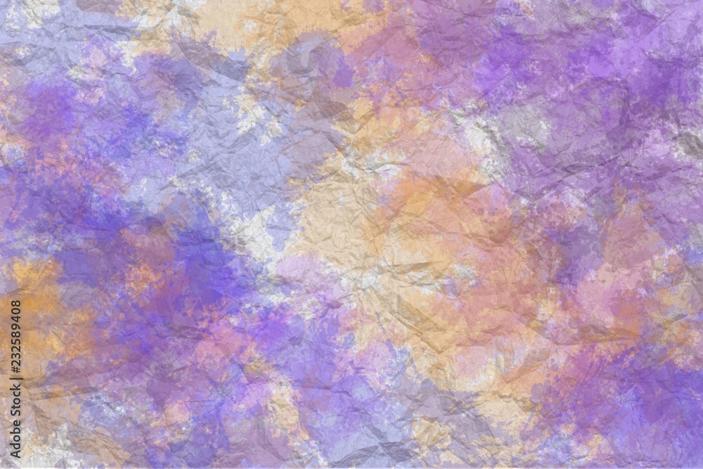 Abstract hand painted splash and sponged artwork on crumpled paper texture in bright colors, for background