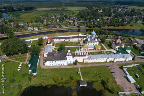 The Tikhvin Deiparous Uspensky monastery in the sunny July afternoon (shooting from the quadcopter). Tikhvin, Russia