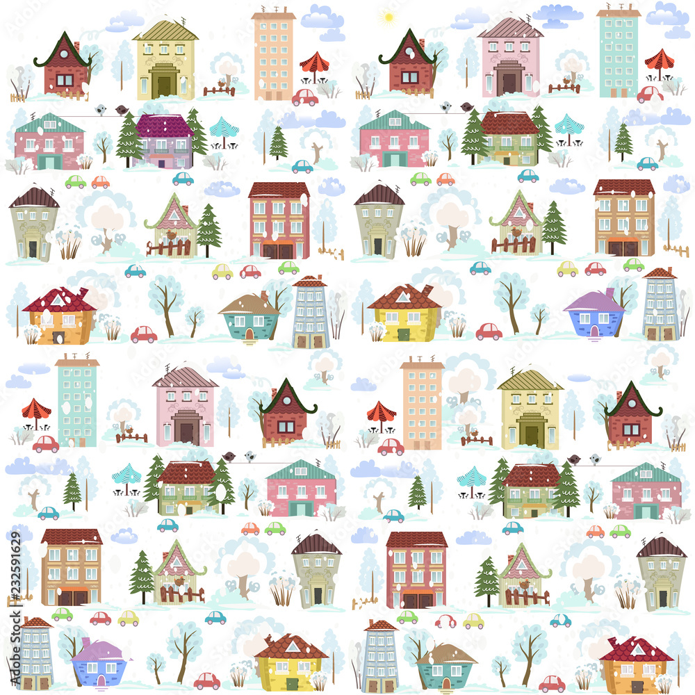 winter collection funny houses with trees for your design