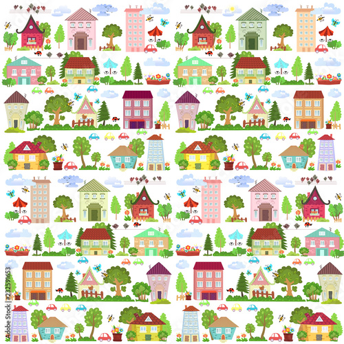cute collection funny houses with trees for your design