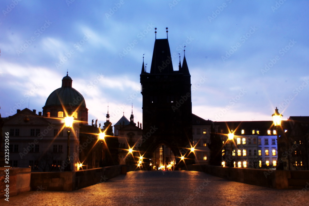 Night scene at Charles Bridge. Travel for sight-seeing of City View at Prague, Czech Republic. To walk along the street, shopping, eating and make life is easy.