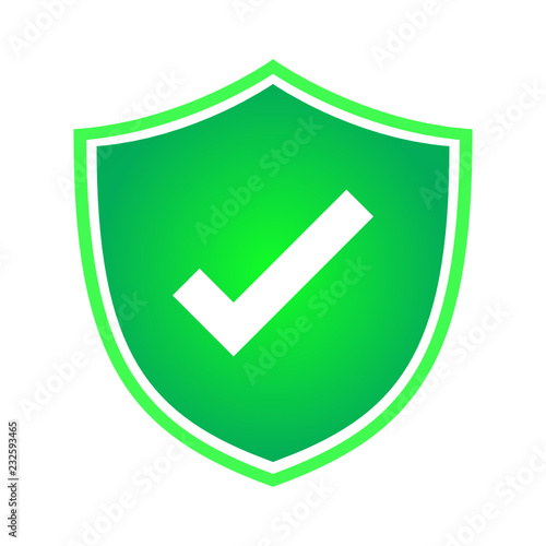 Secure symbol. right sign. Correct mark. Check mark on green shield vector. Simple and flat design, minimalist style.
