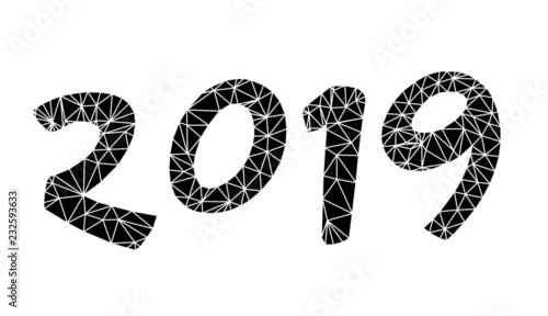 For Christmas, Happy New Year 2019, black number in low poly style. Vector illustration EPS10 isolated on white. For greeting poster and cards, calendars, site, business card, covers. 