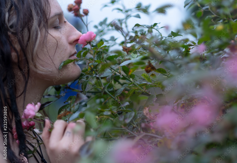 Fototapeta premium Schöne junge individuelle, exzentrische dunkelhaarige Frau, mit interessantem klassischen Profil steckt ihre Nase tief in duftende rosa pink Rosen, die im Garten im Park wachsen