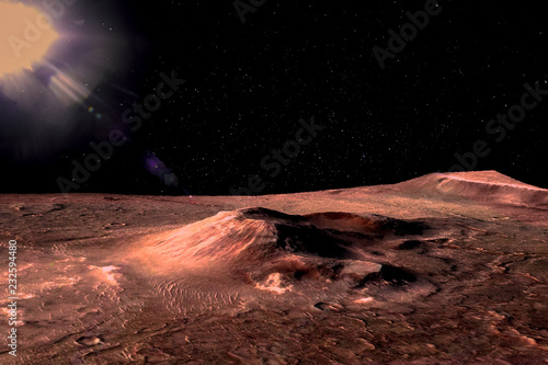 Fototapeta Naklejka Na Ścianę i Meble -  Mars - the red planet. Martian surface with hills and craters and dust in the atmosphere. Lens flare. The elements of this image furnished by NASA.