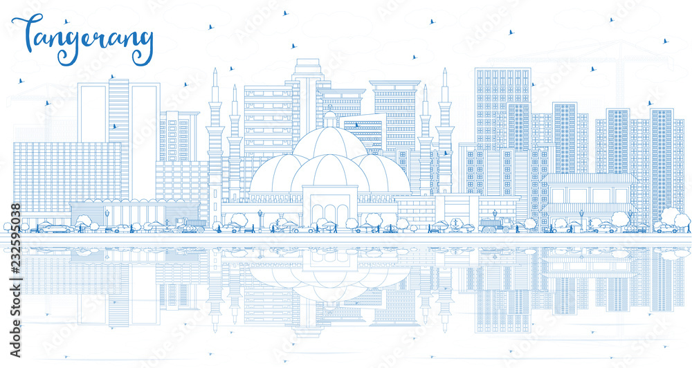 Outline Tangerang Indonesia City Skyline with Blue Buildings and Reflections.