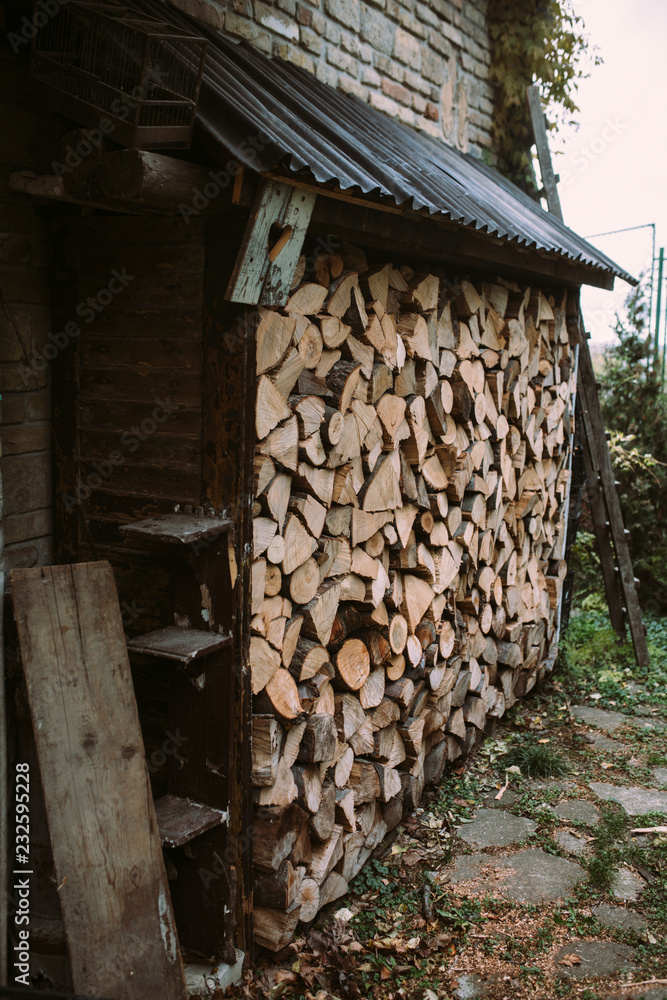 Stacked firewood in the garden Stacked firewood in the garden