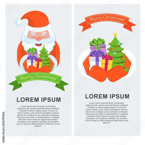 Santa Claus with a handful of gifts. Boxes with presents, Christmas tree with balls, garlands. Celebration of Merry Christmas and New Year. Vertical Greeting banner. Vector flat cartoon illustration.