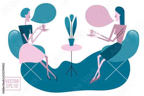 Two young women sitting at table, drinking tea or coffee and talking to each other. Friendly meeting and conversation. Girls spending time together. Flat cartoon vector cute illustration.