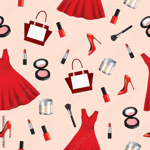 Seamless pattern with woman dress, handbag and makeup, vector
