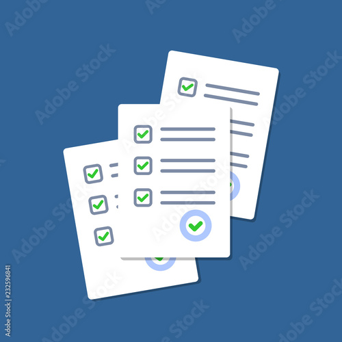Paper checklist isolated. Stack of paperwork icon. Pile of documents. Exam form. Stack of white papers. Vector illustration in flat design.