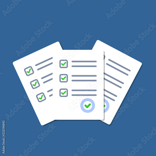 Paper checklist isolated. Stack of paperwork icon. Pile of documents. Exam form. Stack of white papers. Vector illustration in flat design. © Belozersky