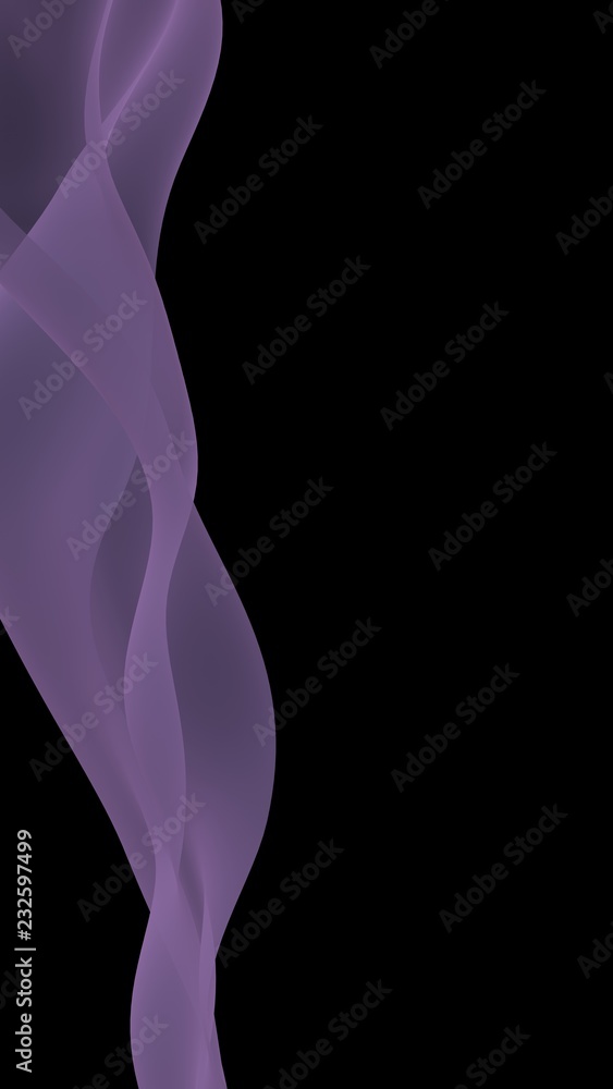 Abstract purple wave. Bright purple ribbon on black background. Purple scarf. Abstract smoke. Raster air background. Vertical image orientation. 3D illustration