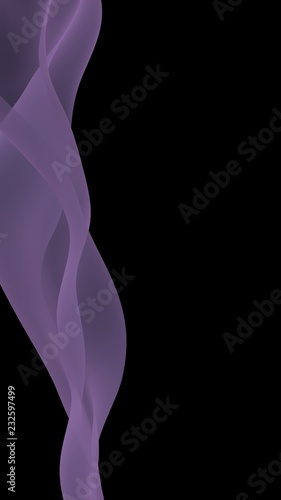 Abstract purple wave. Bright purple ribbon on black background. Purple scarf. Abstract smoke. Raster air background. Vertical image orientation. 3D illustration