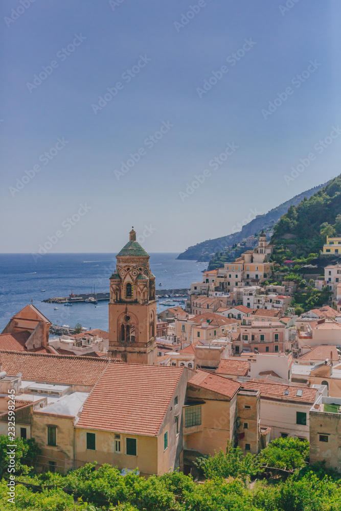 Houses of the town of Amalfi, Italy,  by mountains and sea