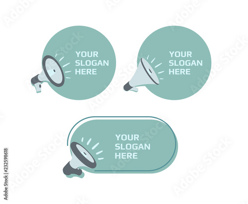Megaphone with bubble speech. Sticker for promotion and advertising. Vector illustration for design or print.