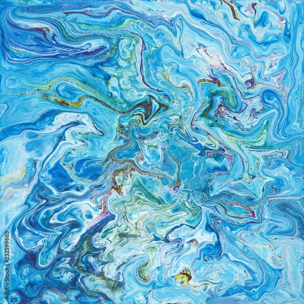 Colorful blue and green wavy texture. Abstract acrylic painting. Fluid art.