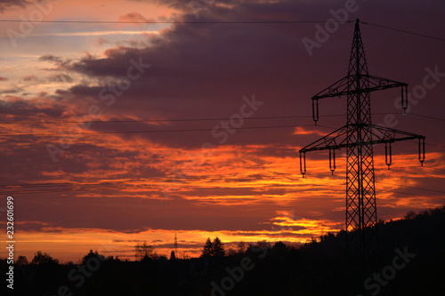 Fantastic fiery sunrise.Power transmission.