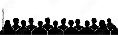 Audience cinema, theater. Public presentation anonymous faces. Crowd of people in the auditorium, silhouette vector isolated