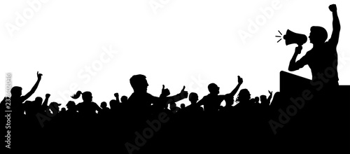 Crowd of people silhouette vector. Anonymous heads. Speaker, loudspeaker, orator, spokesman. Applause of a cheerful people mob. Sports fans. Demonstration, protest. Meeting of people