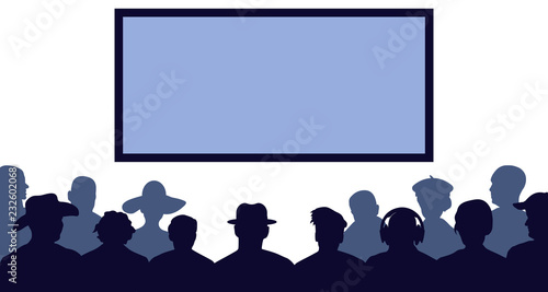 Group of people, watching TV, screen. Crowd of people in the auditorium. Audience cinema, theater. Public presentation, anonymous faces. Viewers celebrity. Silhouette vector isolated