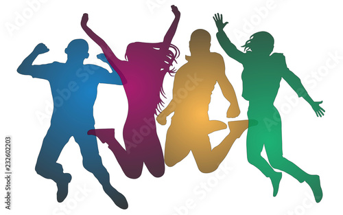 Youth in a jump colored. Cheerful man and woman isolated. Jumping friends. Vector silhouette