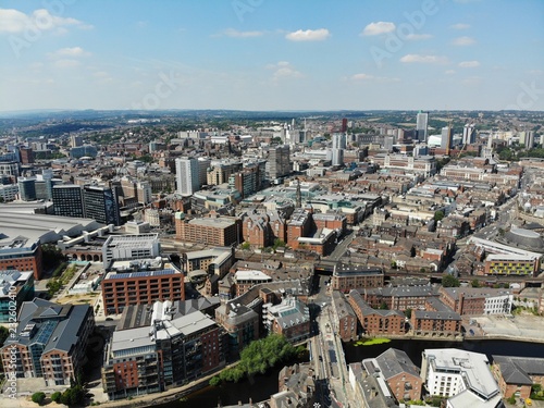 Aerial photo overlooking Leeds City Center in West Yorkshire showing buildings and businesses 