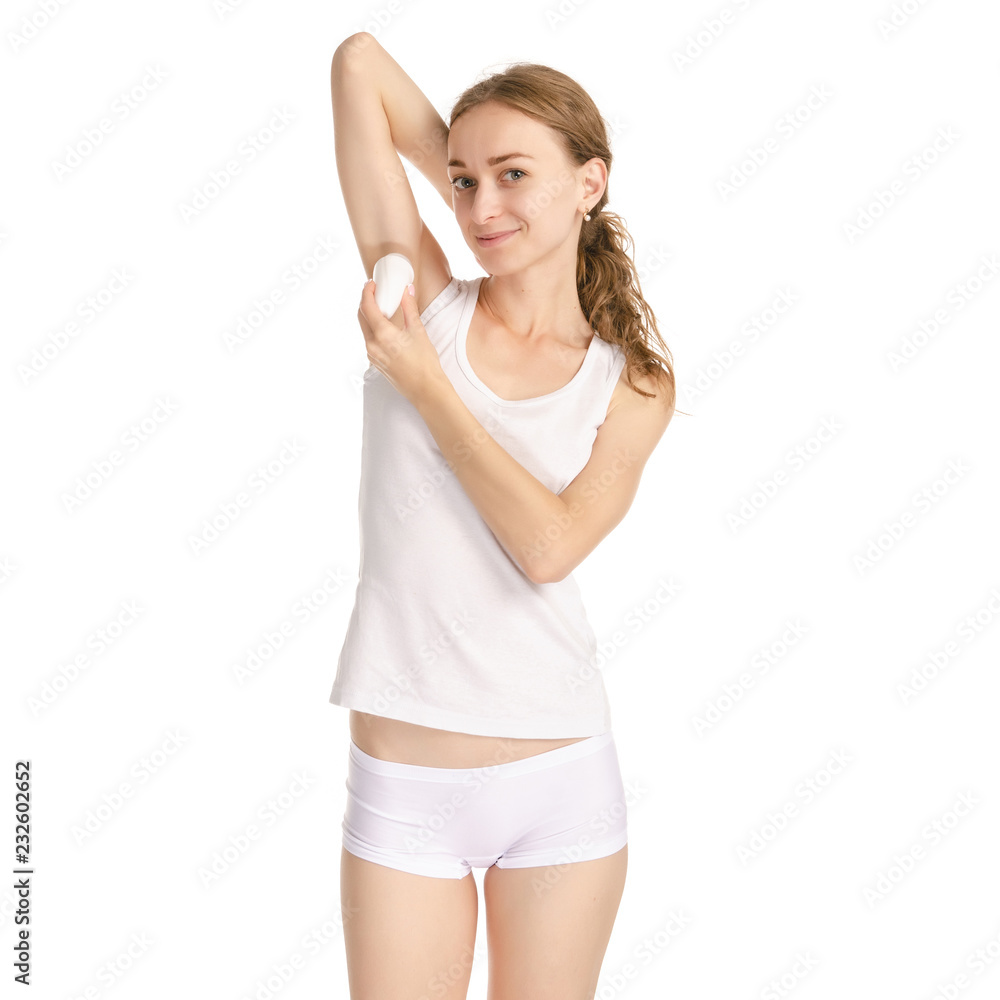 Beautiful woman roller deodorant in hands on white background. Isolation Beautiful woman roller deodorant in hands on white background. Isolation