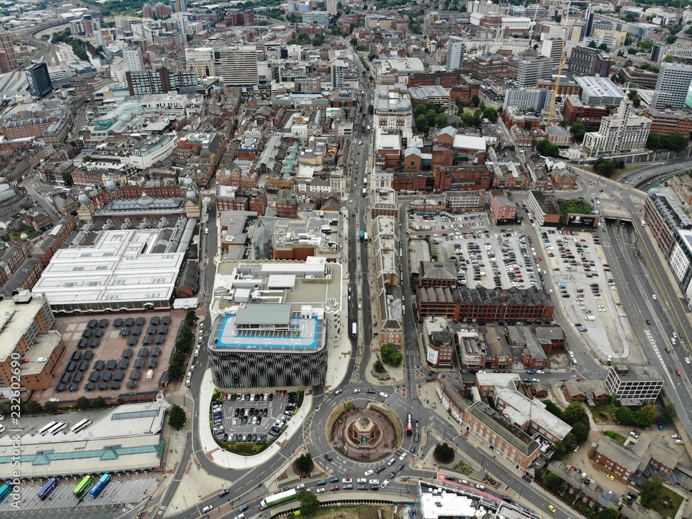 Aerial photo overlooking Leeds City Center in West Yorkshire showing buildings and businesses 