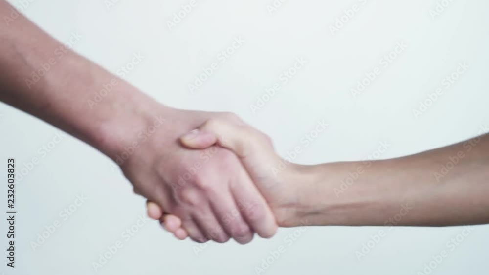 Shaking hands on white background. close up of female and male hands shaking hands. 3840x2160 Shaking hands on white background. close up of female and male hands shaking hands. 3840x2160