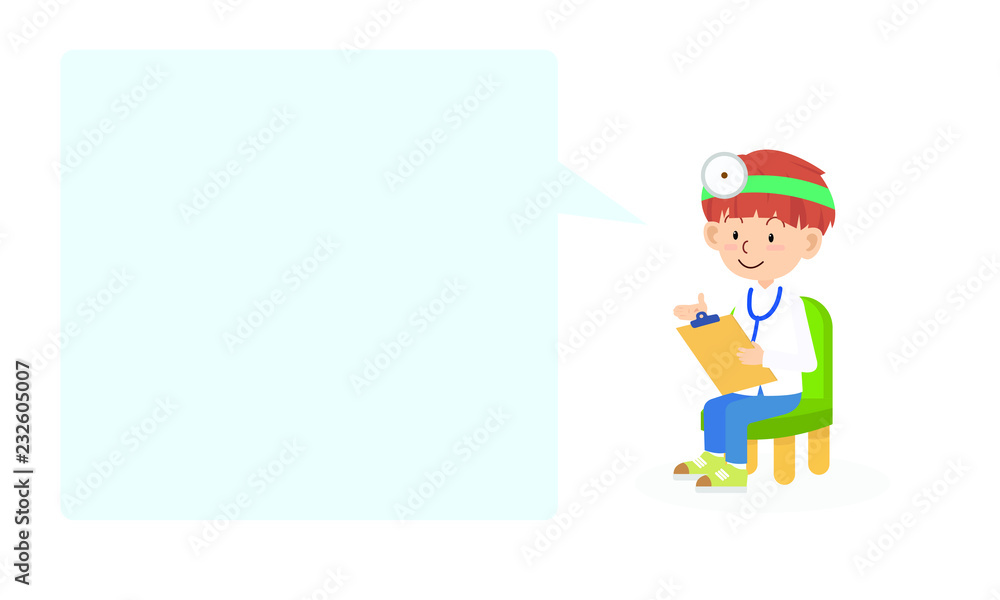 Boy as a doctor describe something with a text box. Picture for communication or advertise in health and medical concept.