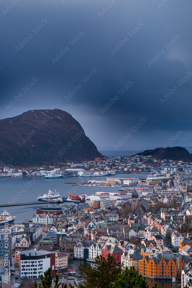 Norwegian great city view to Alesund with coast and stunning sun impressions