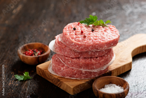 Konstfotografi Raw Ground beef meat Burger steak cutlets  on dark wooden background