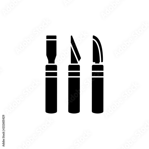 Black & white vector illustration of craft cutters. Flat icon of sharp scalpels or hobby knifes. Tools for carving & scrapbooking, sculpture. Isolated objects