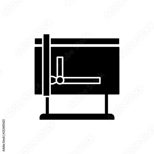 Black & white vector illustration of drafting machine table with drawing board. Flat icon of instrument for architect, engineer, draftsman. Technical & mechanical drawing tool. Isolated object