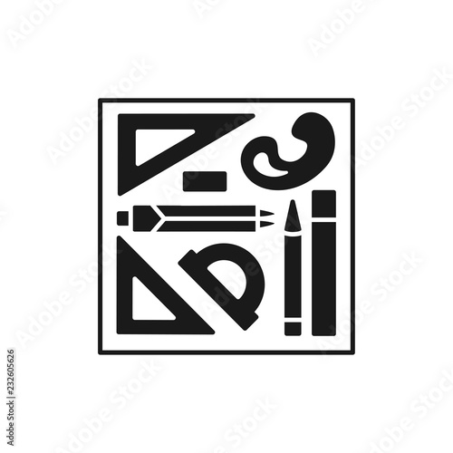 Black & white vector illustration of drafting kit with ruler, pencil, triange, compass divider. Flat icon of instruments for architect, drafter, draftsman. 