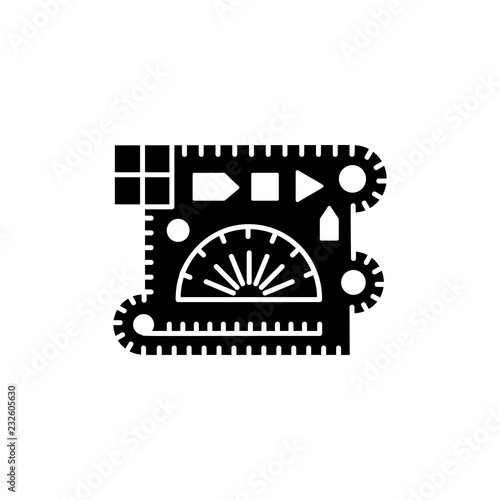 Black & white vector illustration of drafting template ruler with geometric shapes. Combat mission plotter. Flat icon of stencil. Technical & mechanical drawing tool. Isolated object